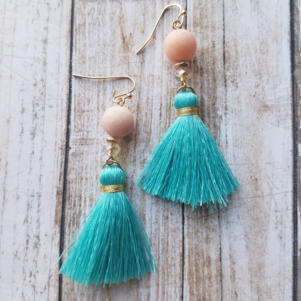 Blush/turquoise tassel earrings - Picture 3 of 5